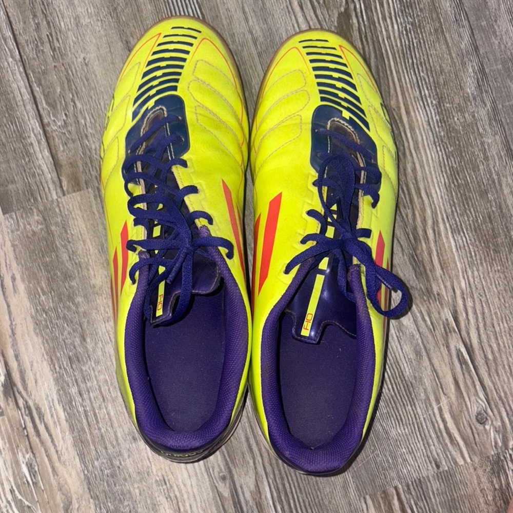 adidas Neon Yellow Indoor Soccer Shoes with Purple and Red Accents